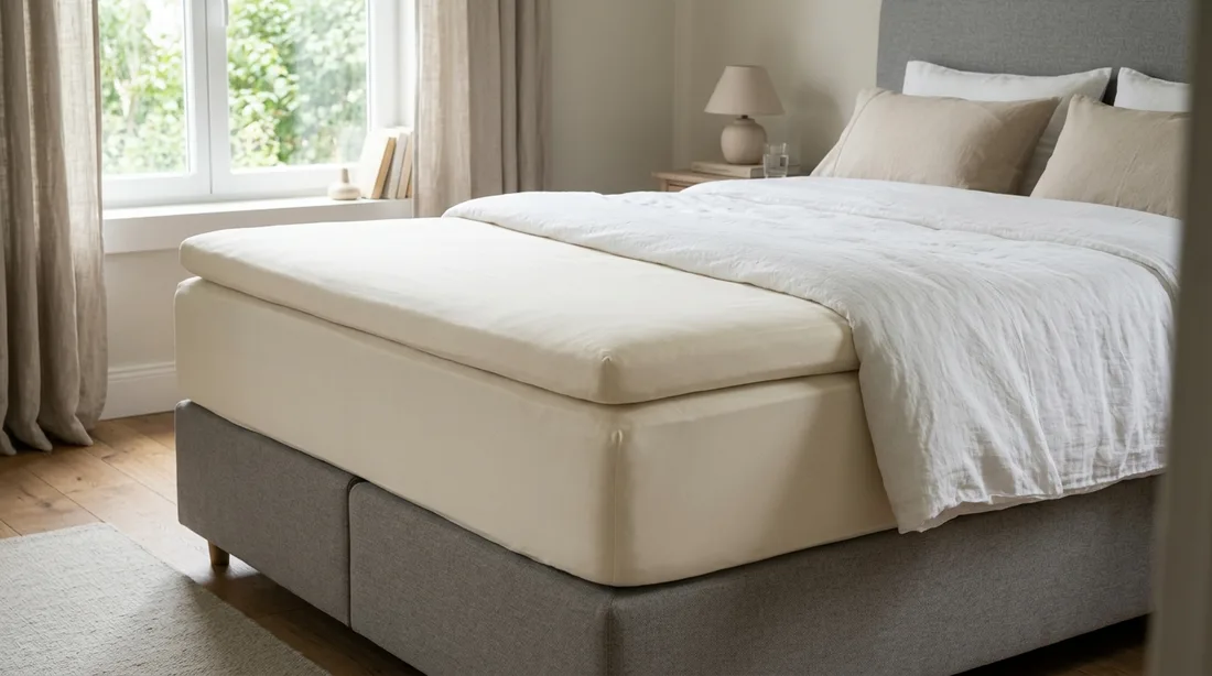 Hohes Boxspringbett mit Topper, seitlich angeschnitten, mit glatt sitzendem Spannbettlaken