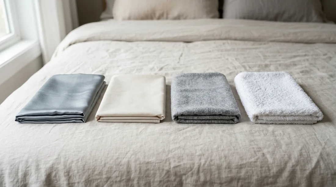 Stoffproben in Mako-Satin, Renforcé, Biber und Frottee nebeneinander auf einem Bett